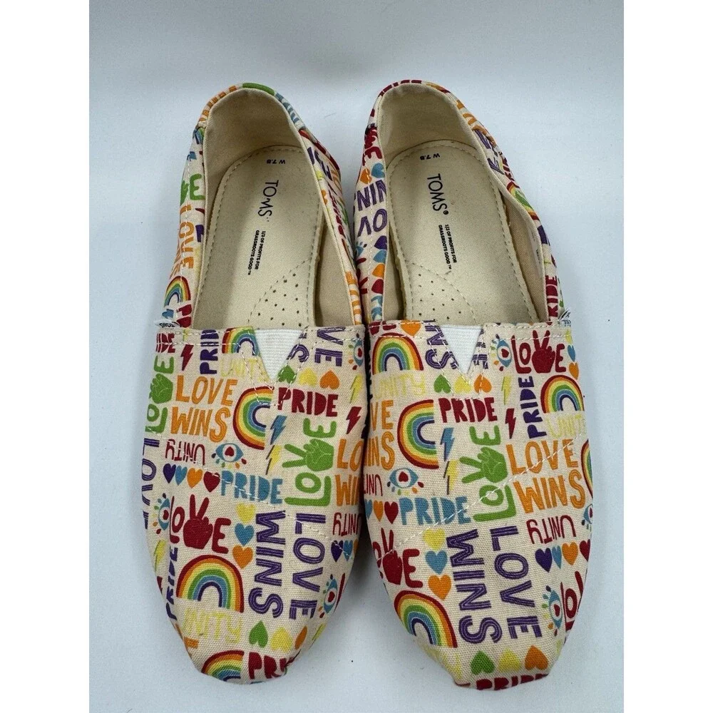 Womens Toms Size 7.5 Shoes SlipOn Alpargata Unity Love Wins Pride Rainbow Canvas